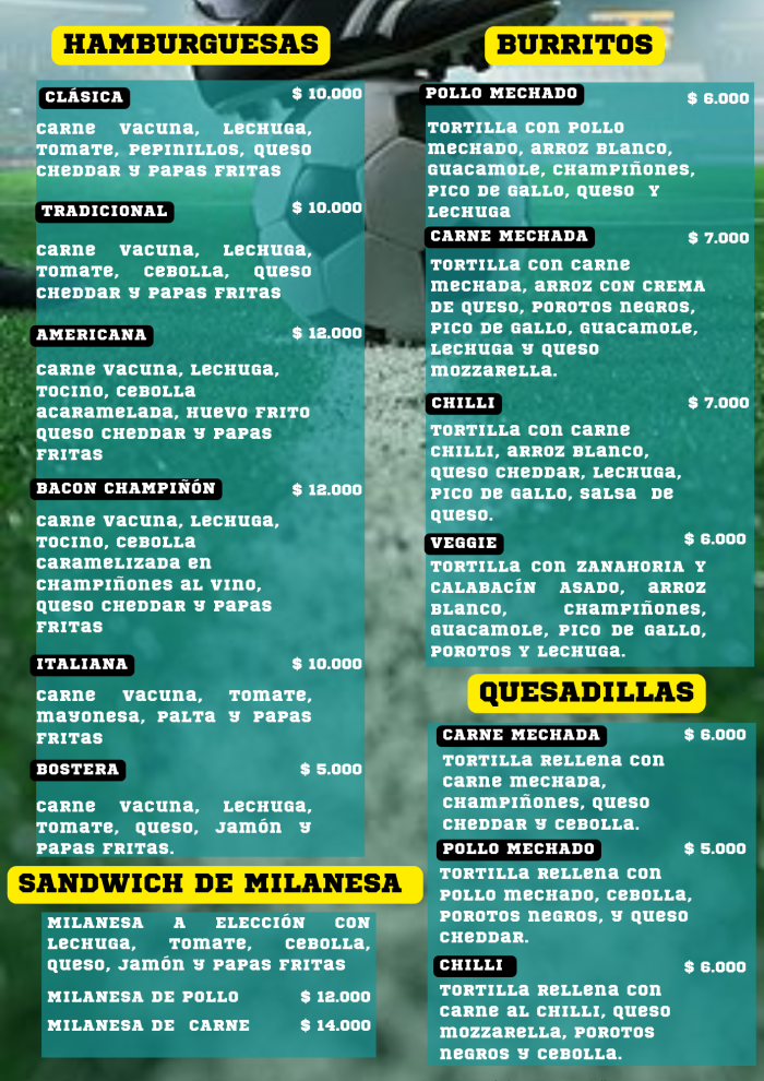 Hamburguesas, Sándwiches Burritos y Quesadillas